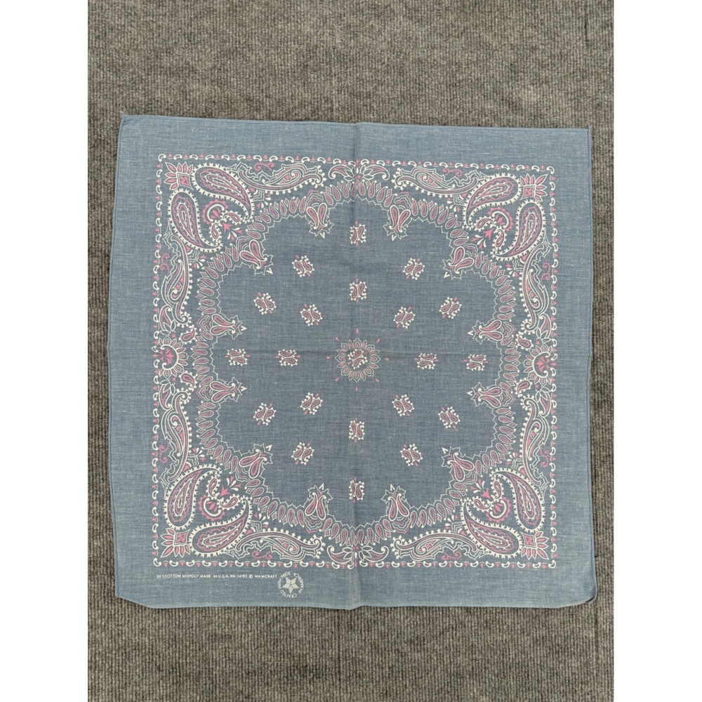 Vintage Wamcraft Blue Pink Paisley Bandana Made in USA RN 14193 Cotton Poly 21in
